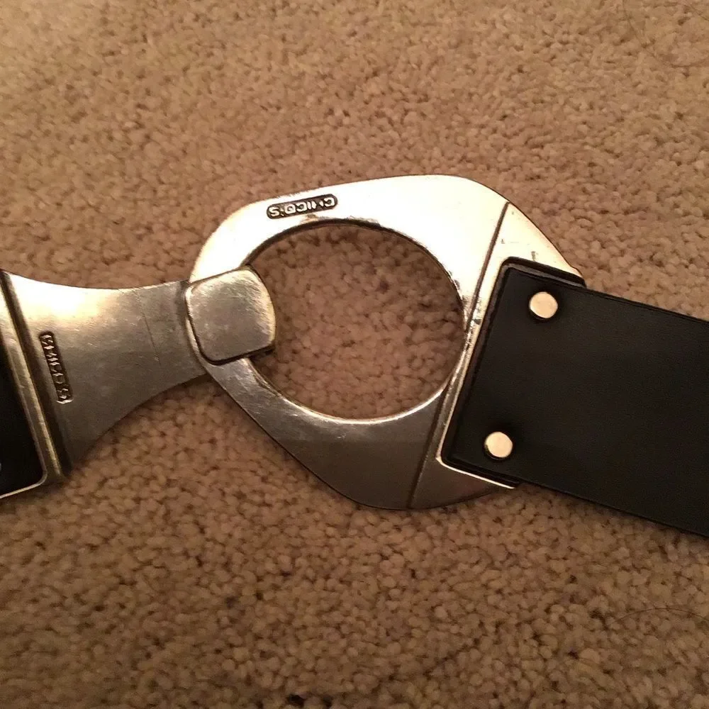 Chico’s Aztec Black Leather Belt with Silver Buckle